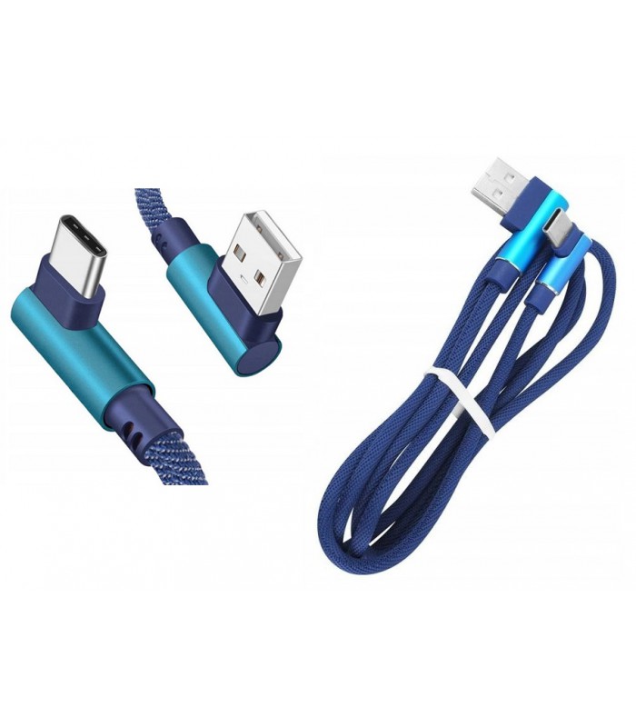 Solidny Kabel USB typ C Kątowy 2A QC oplot 1m Blue