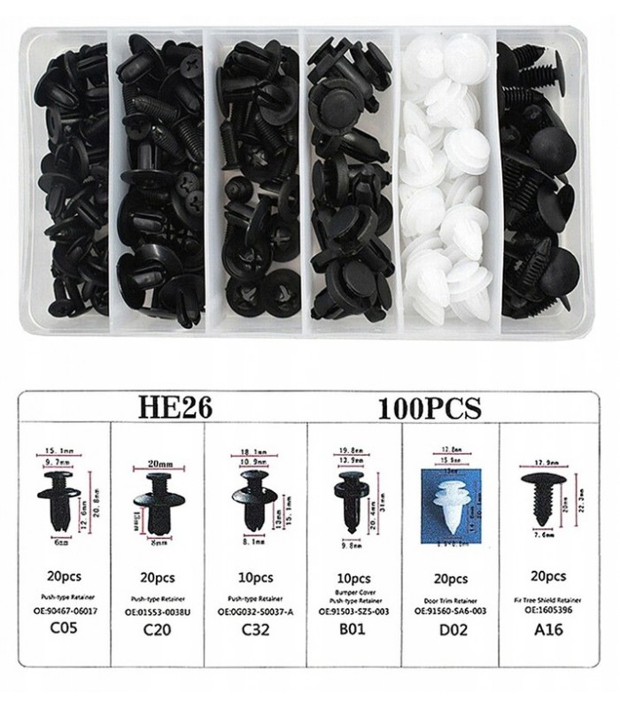 Zestaw uniwersalnych spinek kołków 100 szt. samochodowych