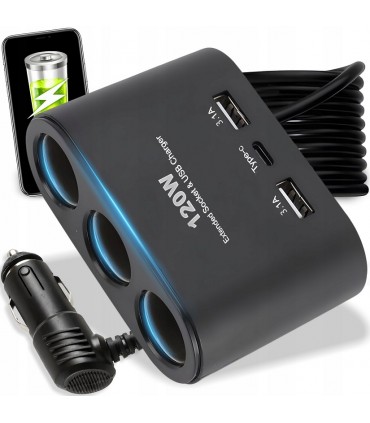 Ładowarka 120W USB-C Rozdzielacz 3x zapalniczki 12V 24V QC USB