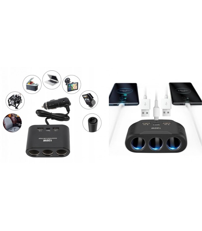 Ładowarka 120W USB-C Rozdzielacz 3x zapalniczki 12V 24V QC USB