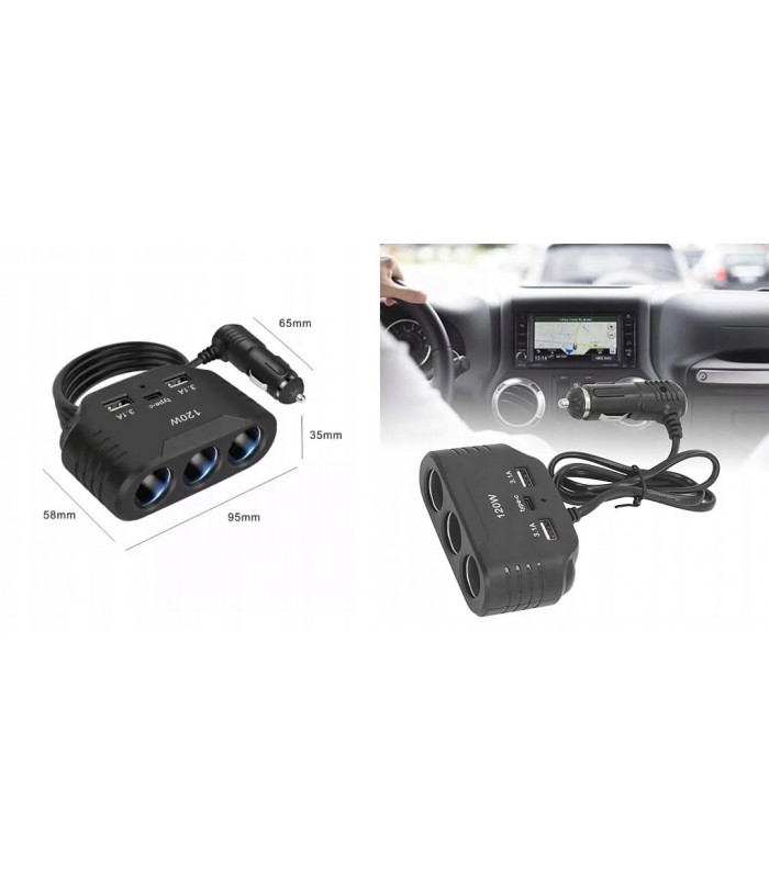 Ładowarka 120W USB-C Rozdzielacz 3x zapalniczki 12V 24V QC USB
