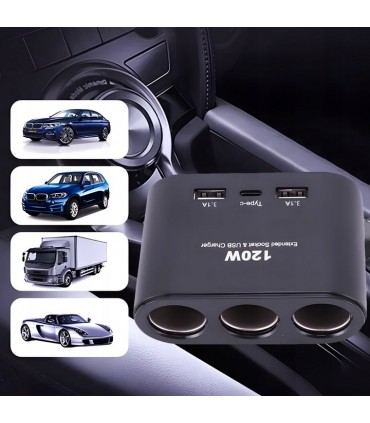 Ładowarka 120W USB-C Rozdzielacz 3x zapalniczki 12V 24V QC USB